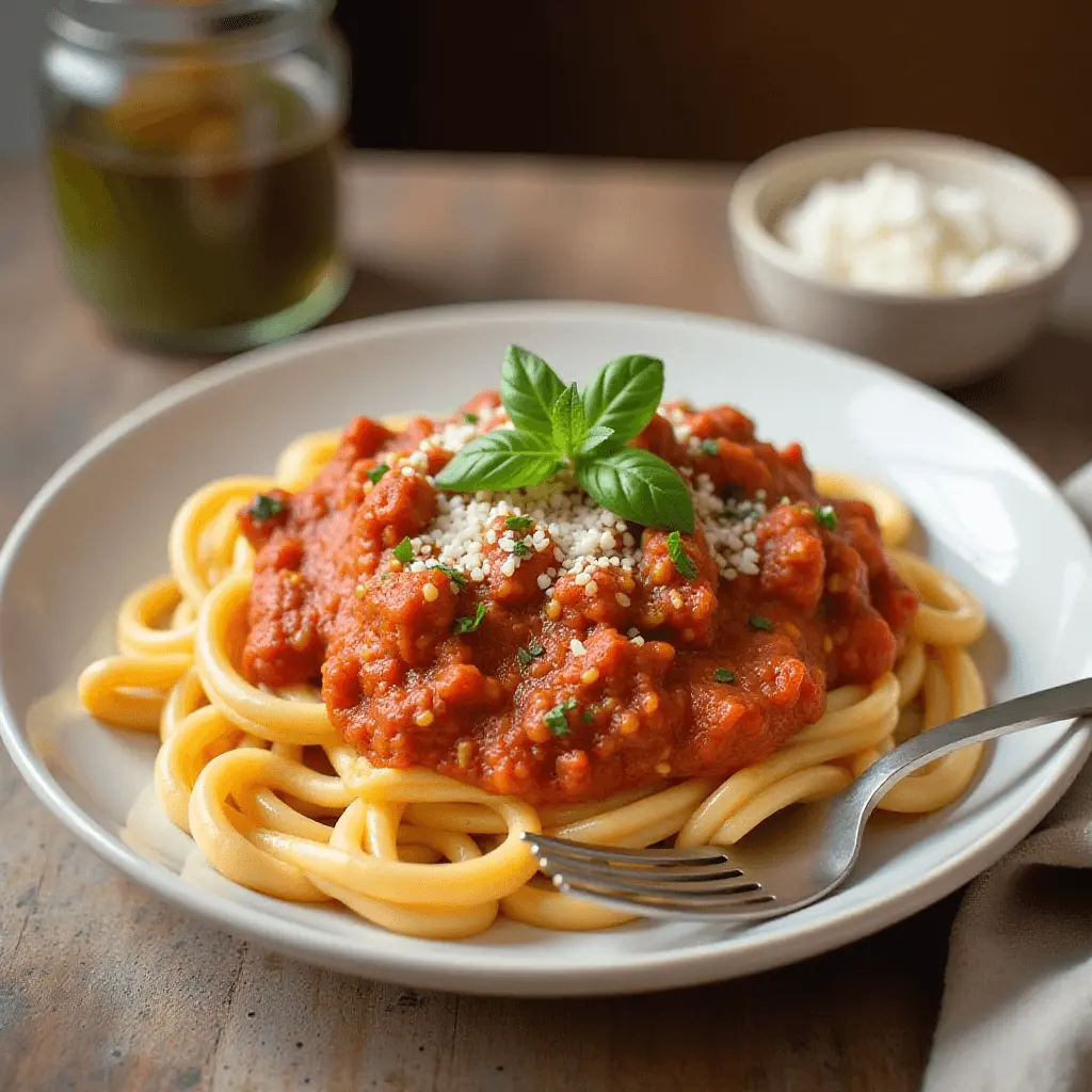 Ein Teller mit italienischen Spaghetti, serviert mit einer reichhaltigen Tomatensauce, garniert mit frisch geriebenem Parmesan und einem Basilikumblatt, auf einem rustikalen Holztisch.