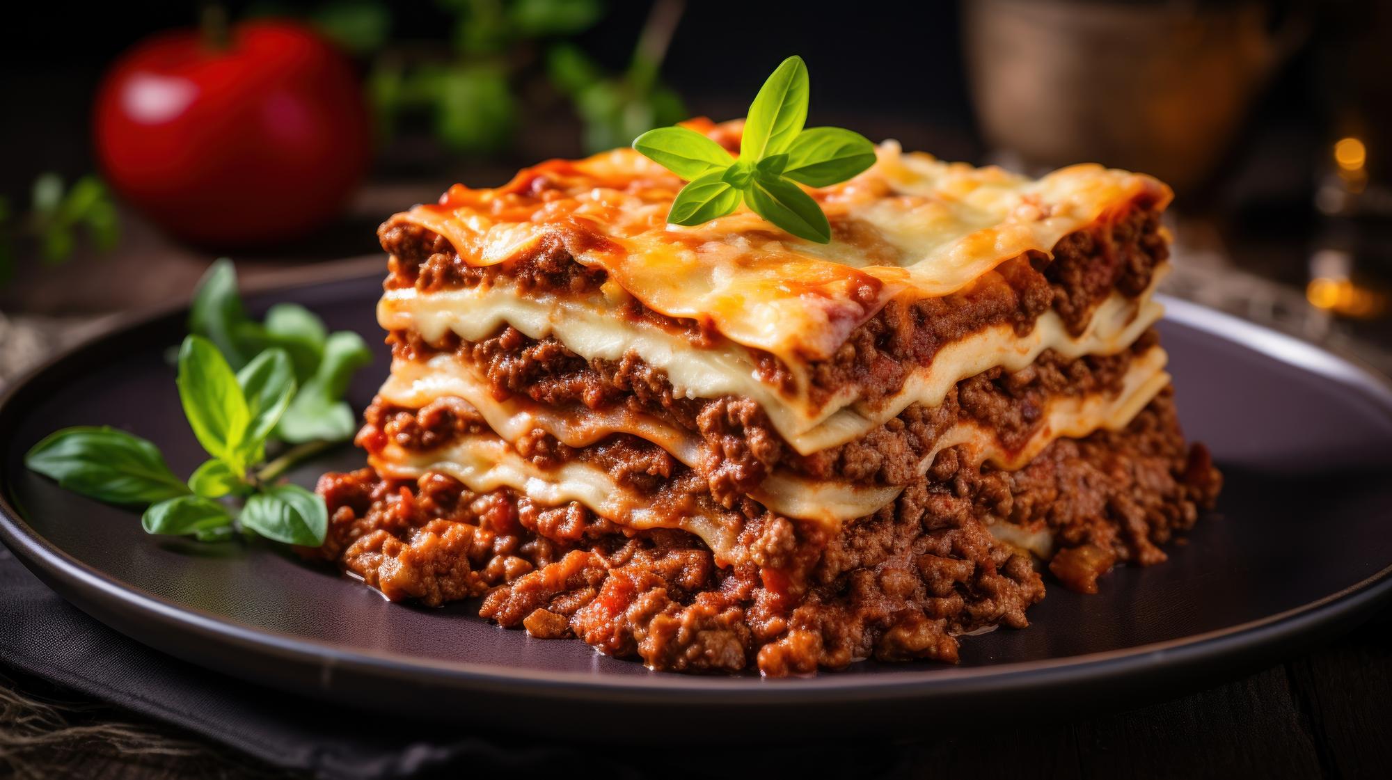 Ein Stück klassische Lasagne mit mehreren Schichten aus Nudelplatten, würziger Bolognese-Sauce, cremiger Béchamel und geschmolzenem Käse, serviert auf einem schwarzen Teller, garniert mit frischem Basilikum